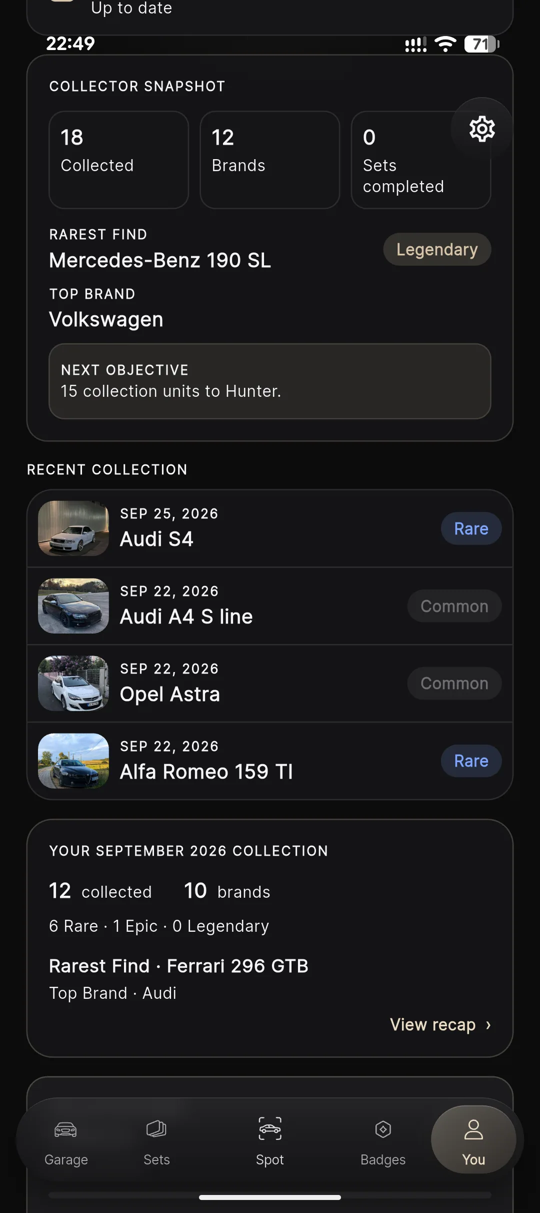 Marque Collector Snapshot with recent collection and monthly recap