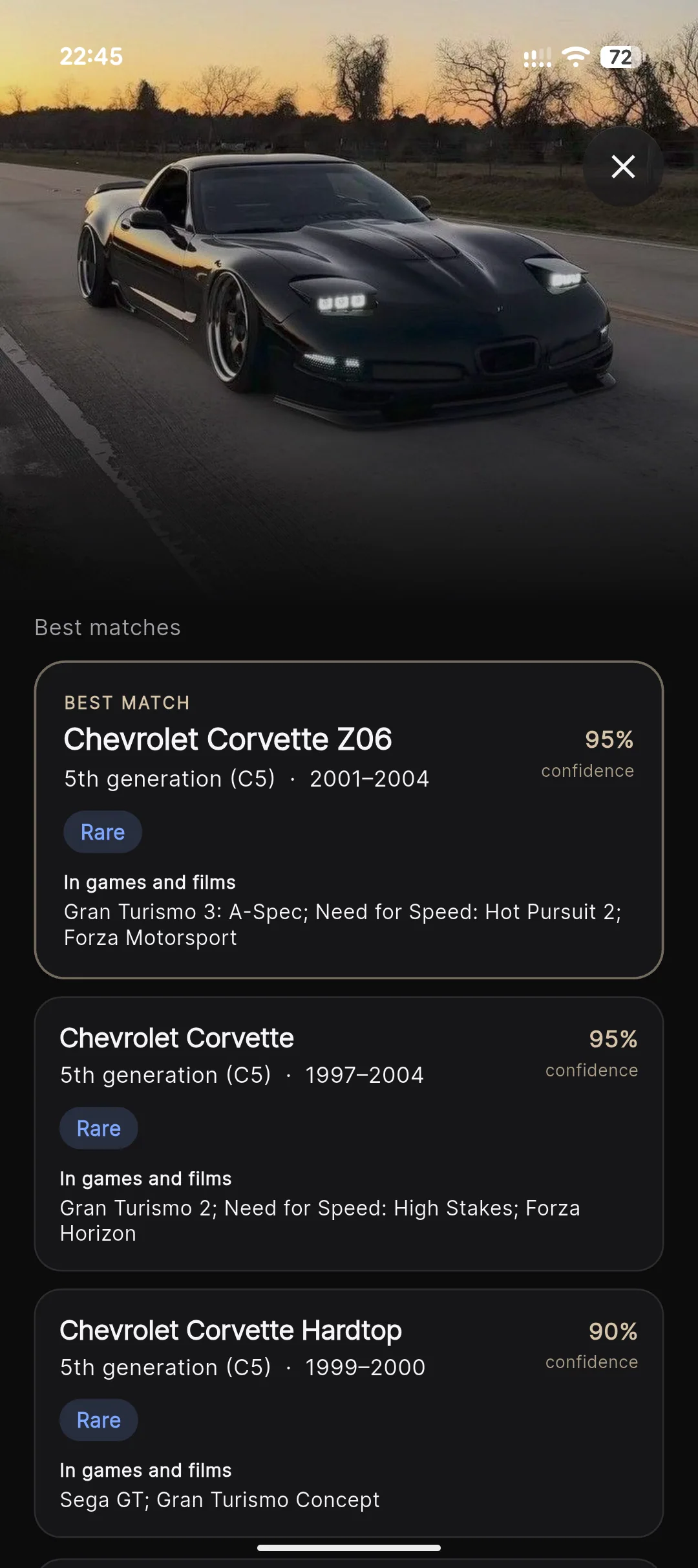 Marque Identify screen showing Best matches for a Chevrolet Corvette