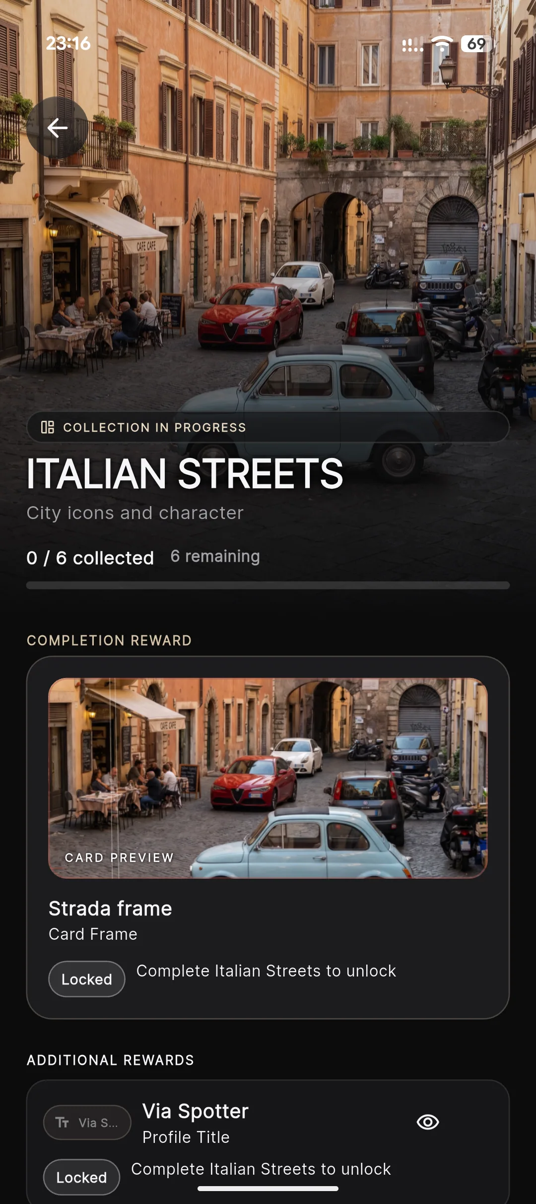 Marque Italian Streets Set showing collection progress and its Strada frame reward