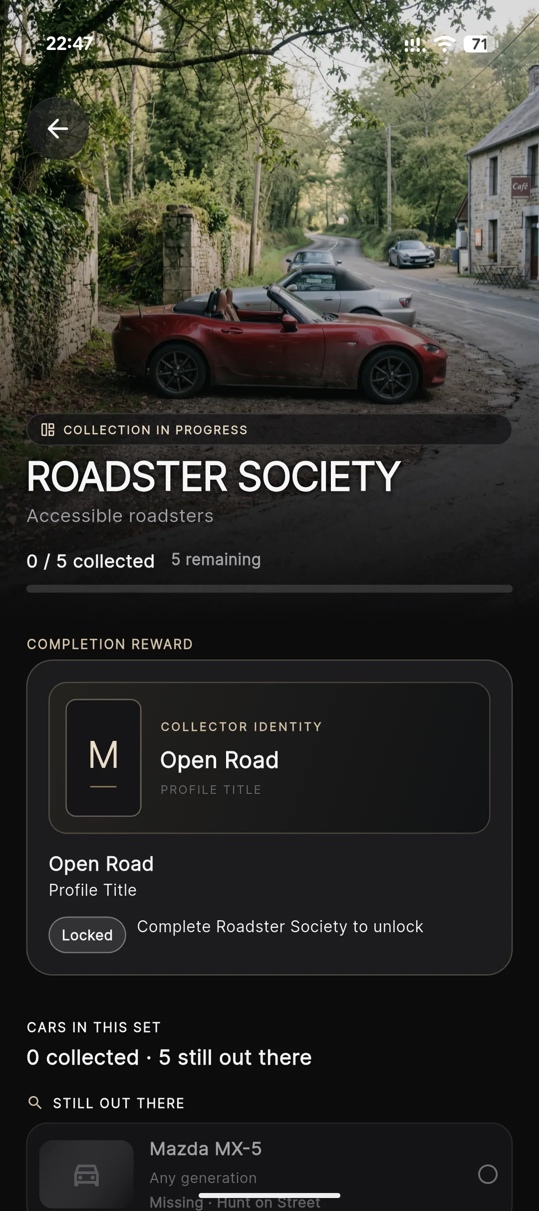 Marque Roadster Society Set showing collection progress and its Open Road reward