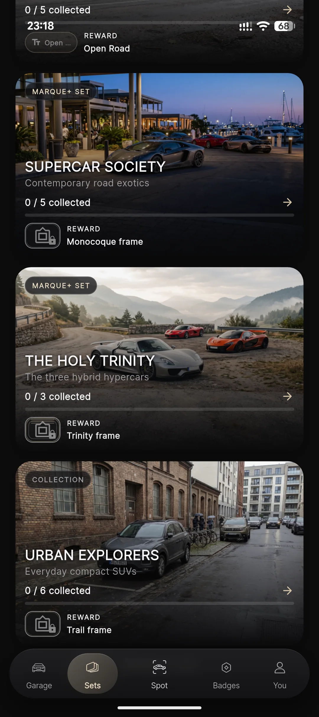 Marque Sets overview with Supercar Society, The Holy Trinity, and Urban Explorers