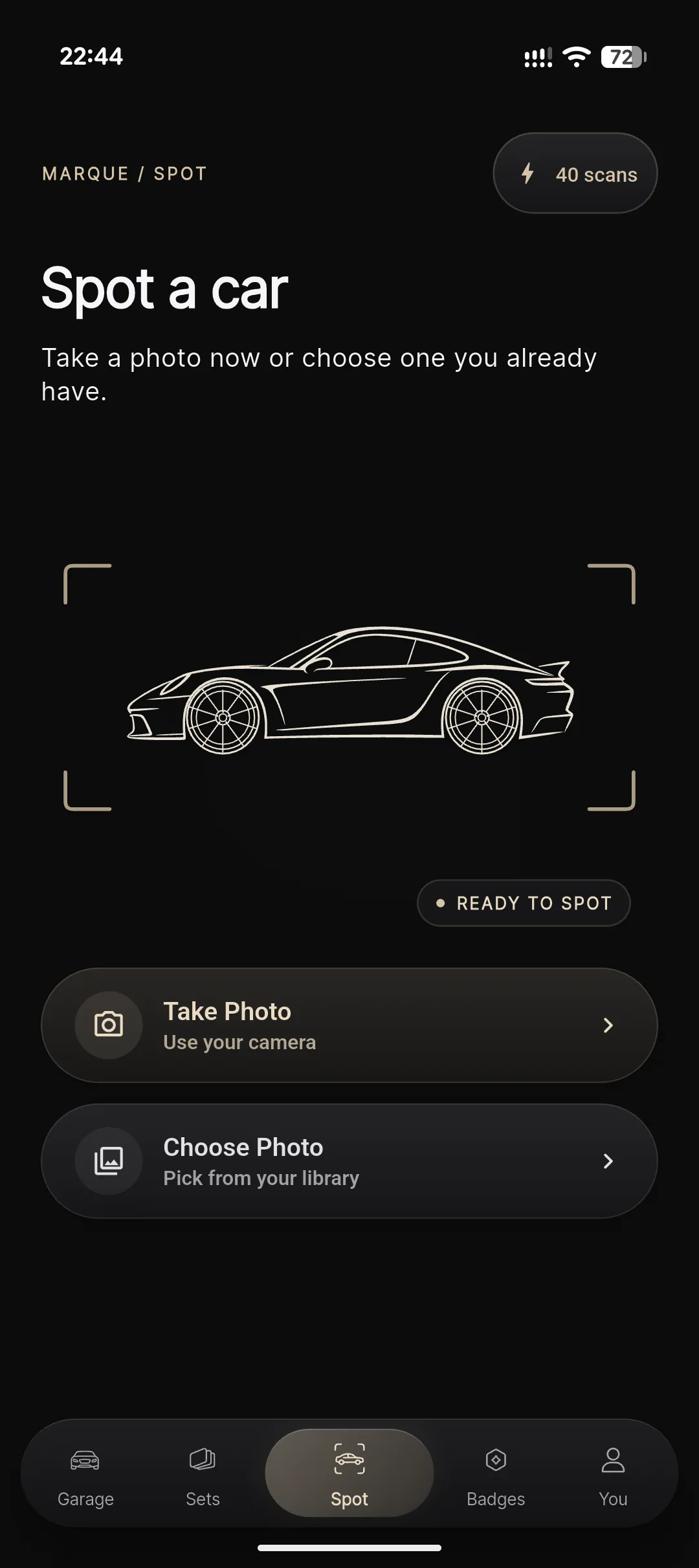 Marque Spot screen with Take Photo and Choose Photo actions