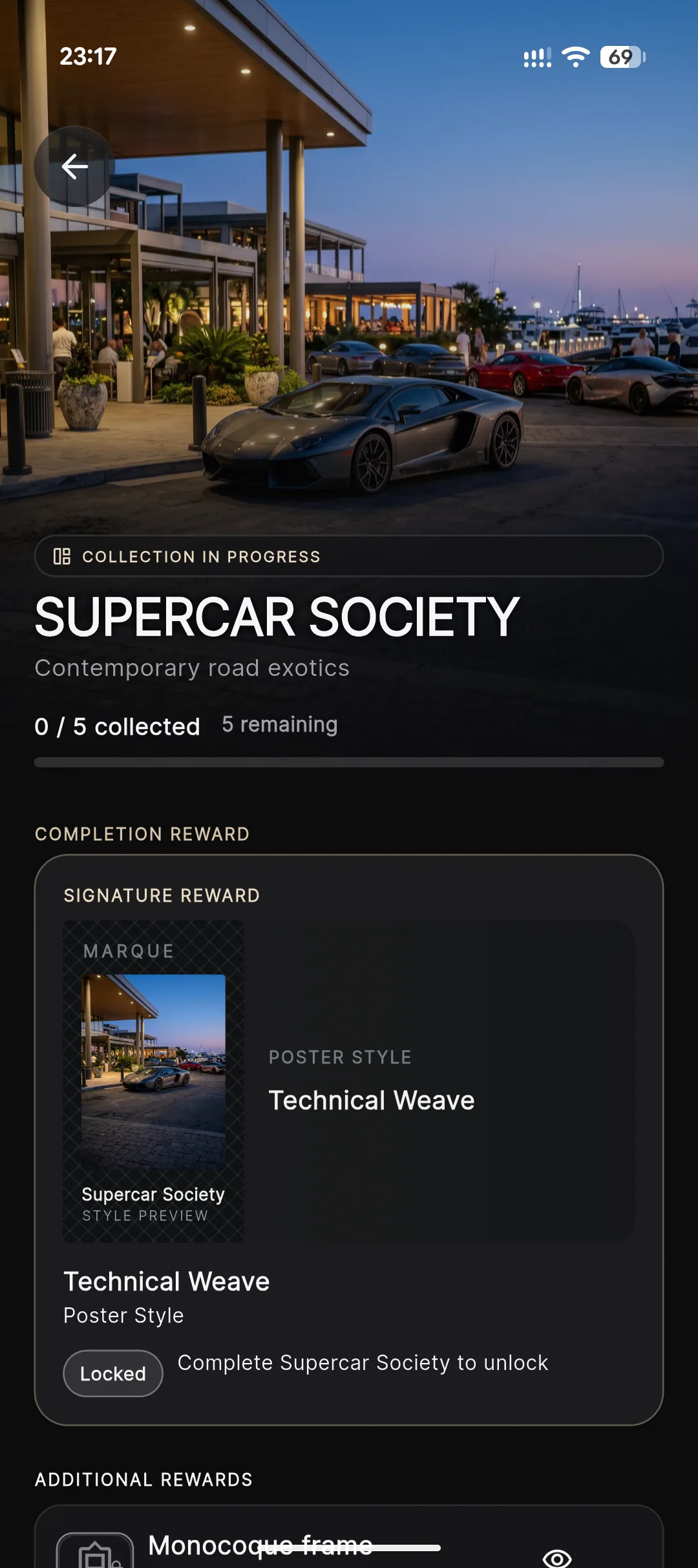 Marque Supercar Society Set showing progress and collection rewards