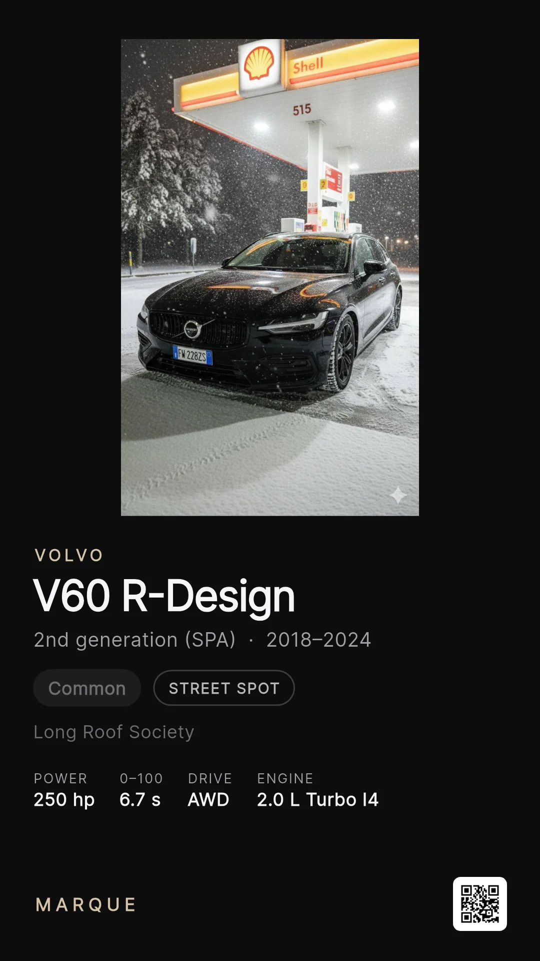 Marque collector print featuring a photographed Volvo V60 R-Design with vehicle details