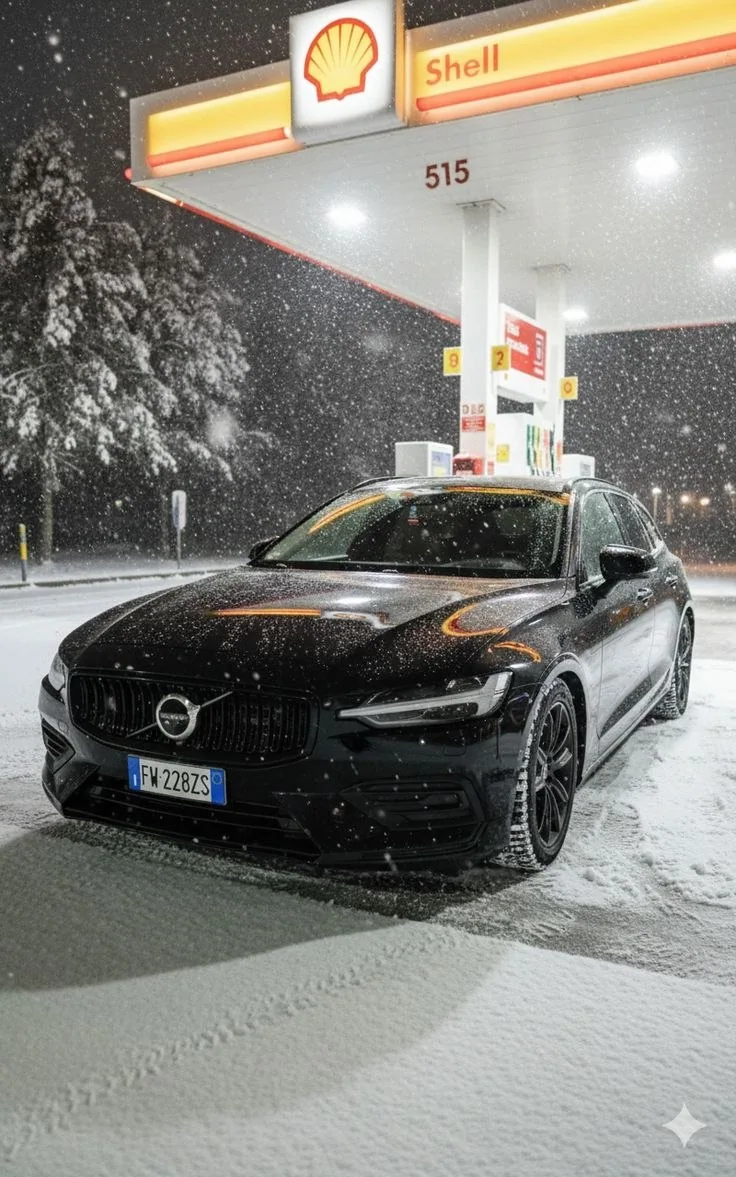 Volvo V60 at a Shell station during snowfall